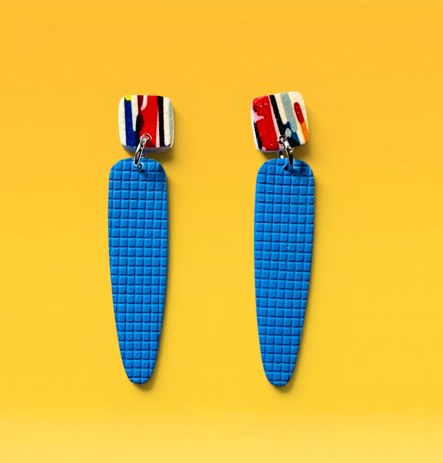 Multicolored Polymer Clay Post Earrings with Light Blue Textured Drops