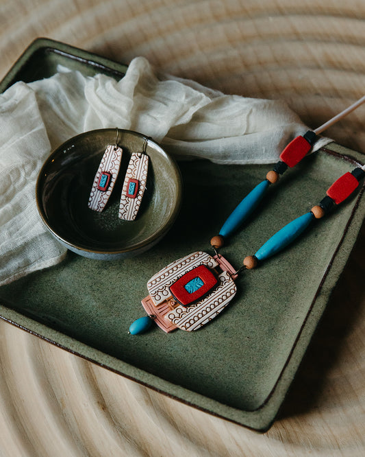 Turquoise, Red, and Sand Textured Necklace with Large Pendant