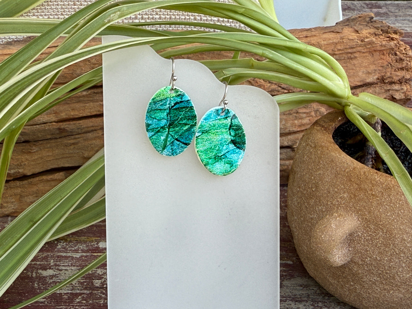 Aqua Green Silver Foil Dangle Earrings