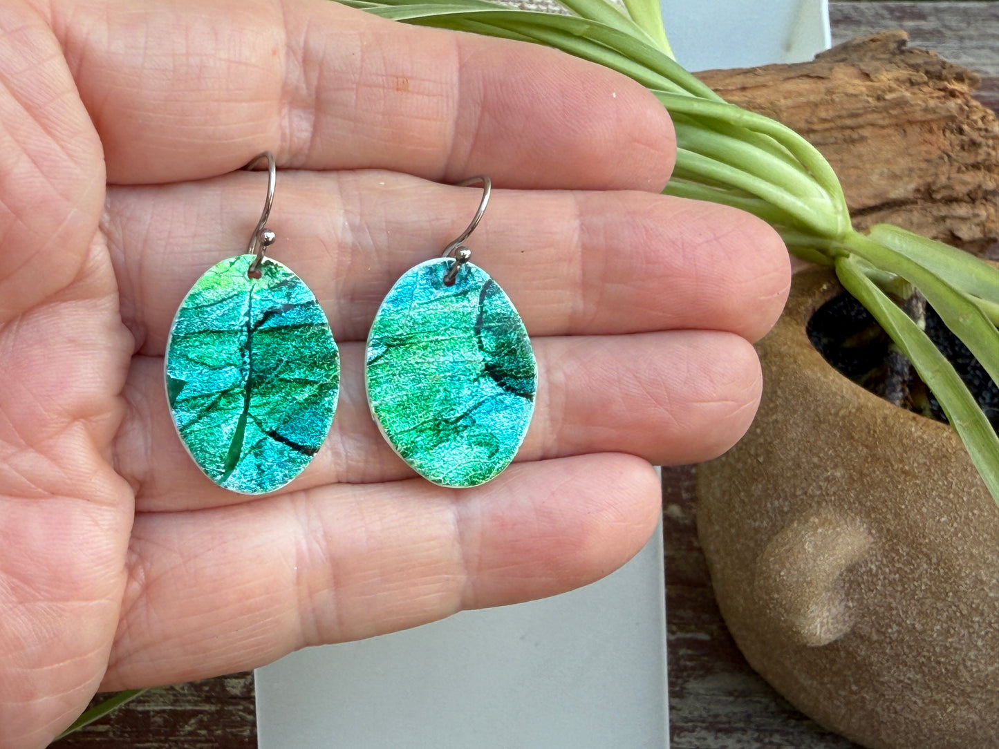 Aqua Green Silver Foil Dangle Earrings