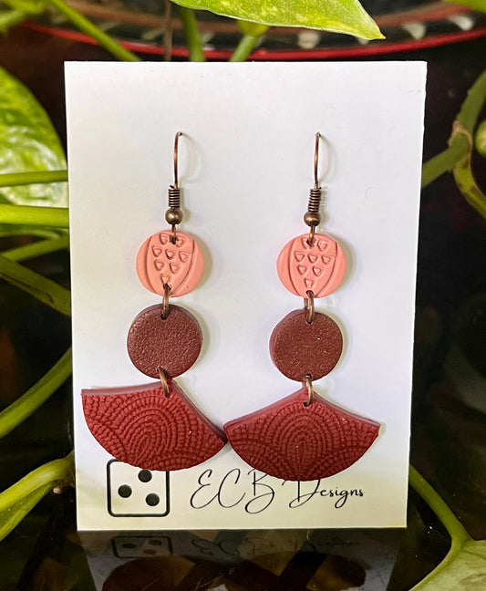 Peach, rust, deep red boho style dangle earting