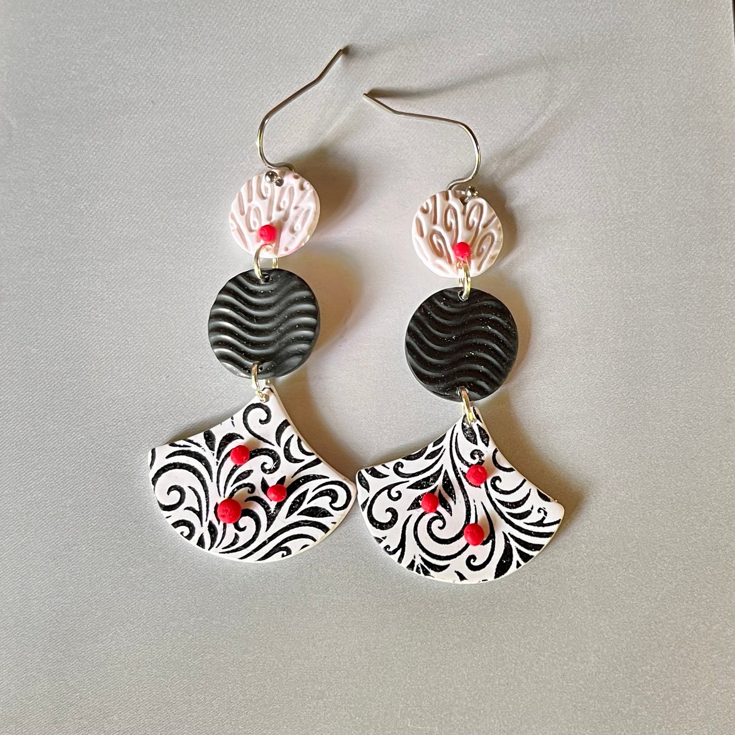 Black Filigree with Red Accent Chandelier Wire Earrings