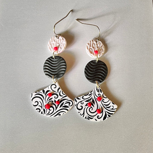 Black Filigree with Red Accent Chandelier Wire Earrings