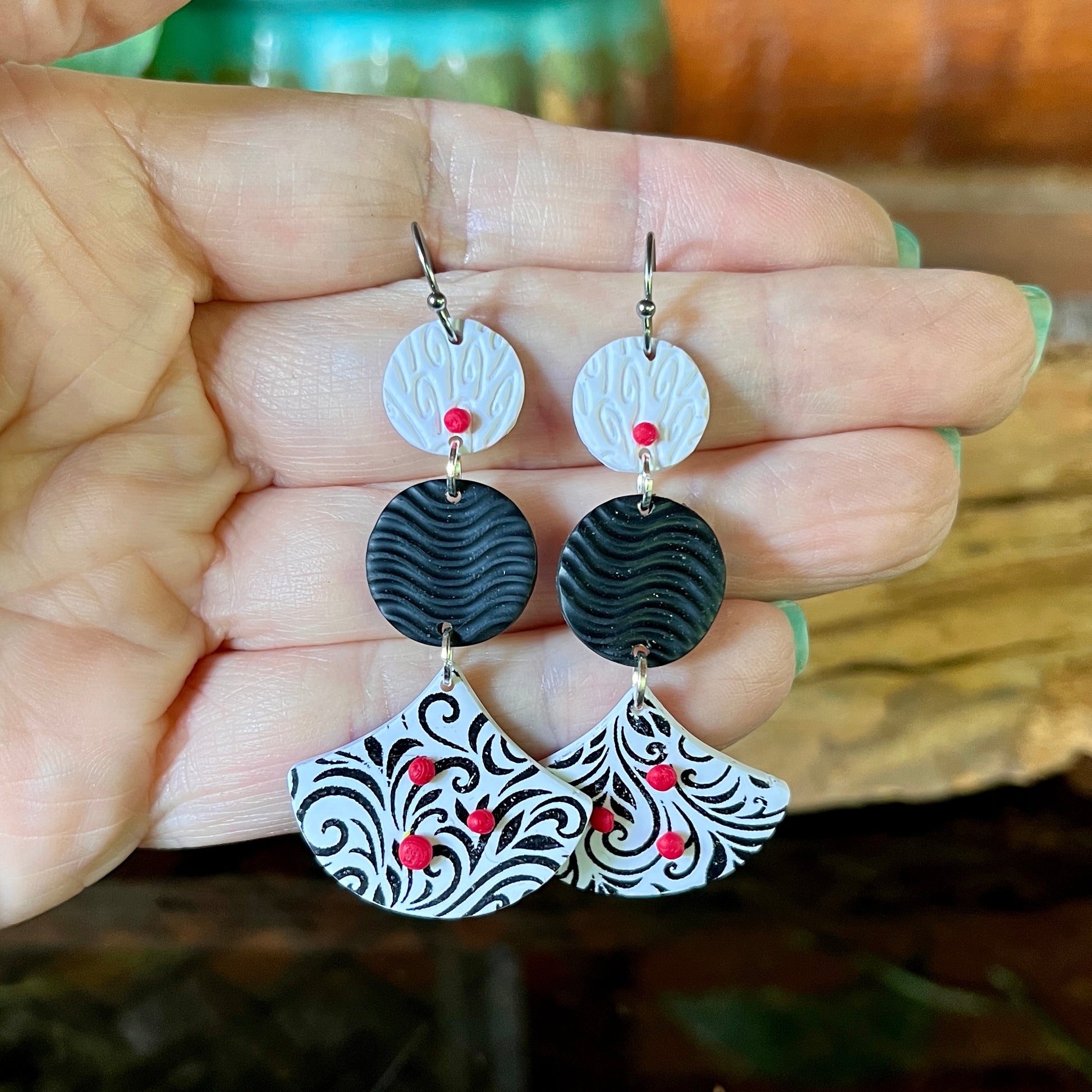 Black Filigree with Red Accent Chandelier Wire Earrings
