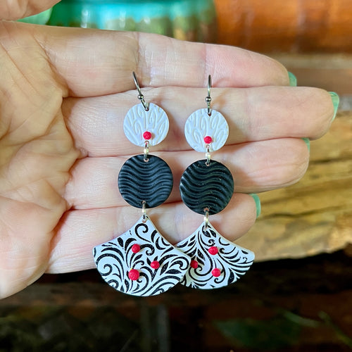 Black Filigree with Red Accent Chandelier Wire Earrings
