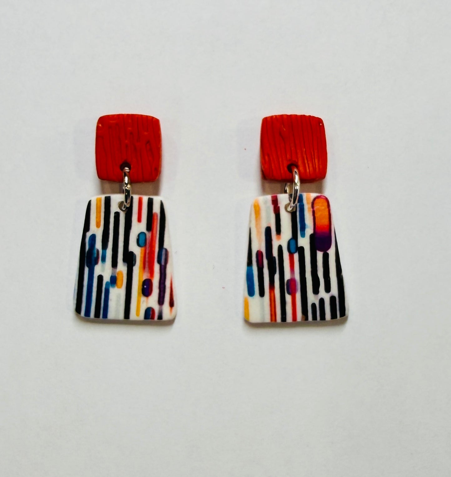 Lines and Dots Polymer Clay Colorful Post and Drop Earrings