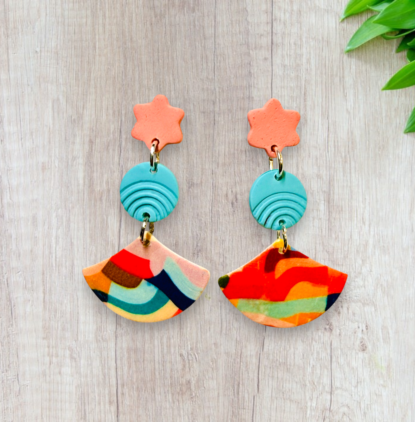 Colorful Abstract Pattern Polymer Clay 3 Part Post Earrings
