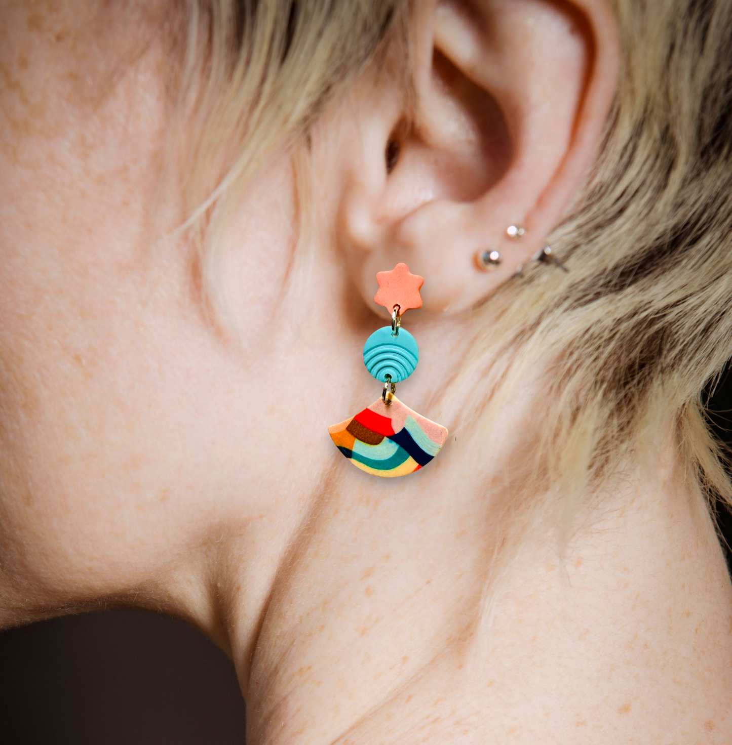 Colorful Abstract Pattern Polymer Clay 3 Part Post Earrings