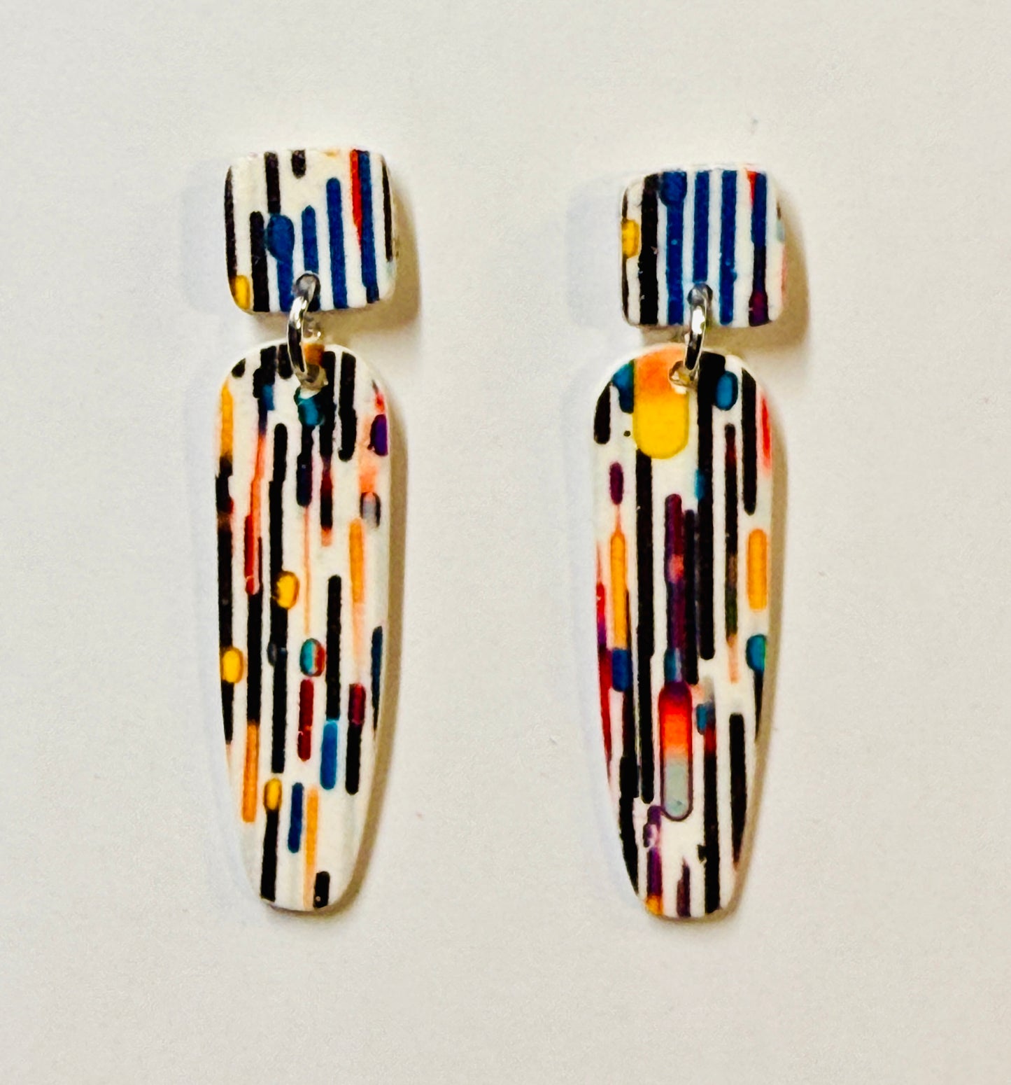 Lines and Dots Polymer Clay Colorful Post and Drop Earrings
