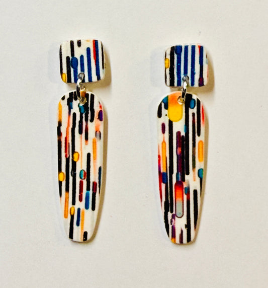 Lines and Dots Polymer Clay Colorful Post and Drop Earrings
