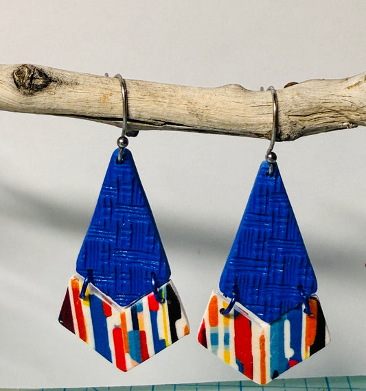 Royal Blue Abstract Pattern Two-Part Polymer Clay Wire Earrings
