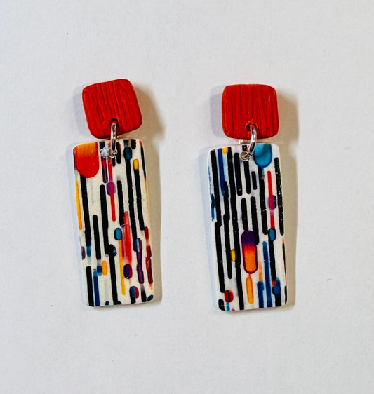 Lines and Dots Polymer Clay Colorful Post and Drop Earrings