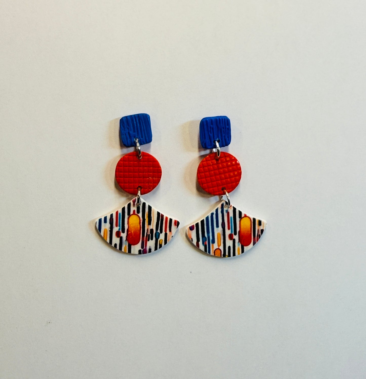 Lines and Dots Polymer Clay Colorful 3 Part Post Earrings
