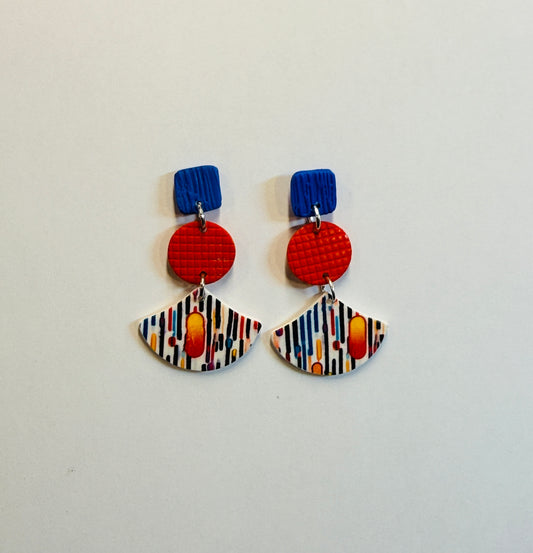 Lines and Dots Polymer Clay Colorful 3 Part Post Earrings