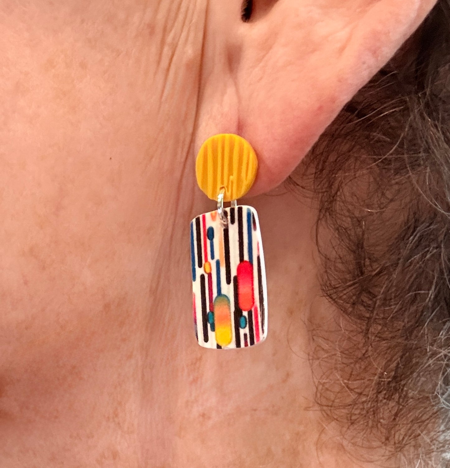 Lines and Dots Polymer Clay Colorful Post and Drop Earrings