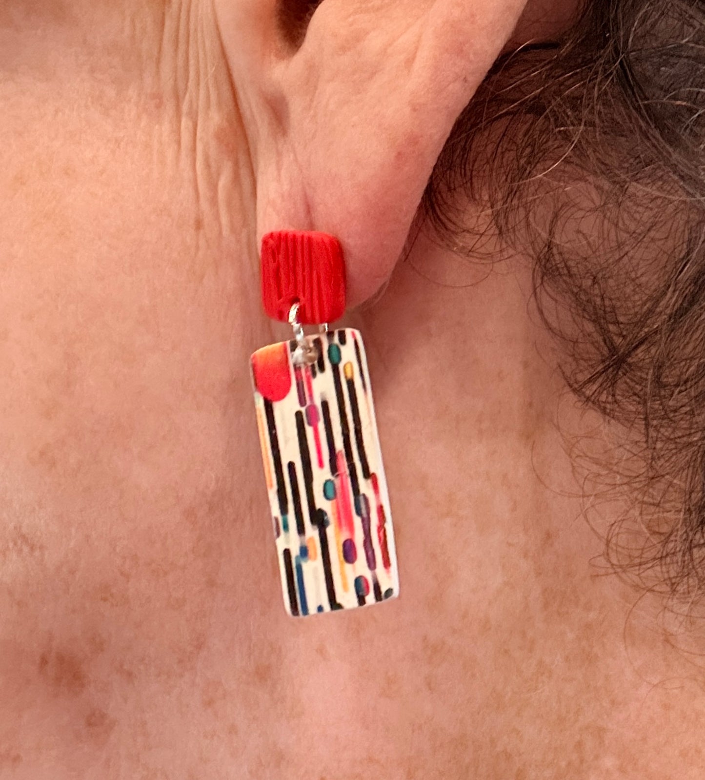 Lines and Dots Polymer Clay Colorful Post and Drop Earrings