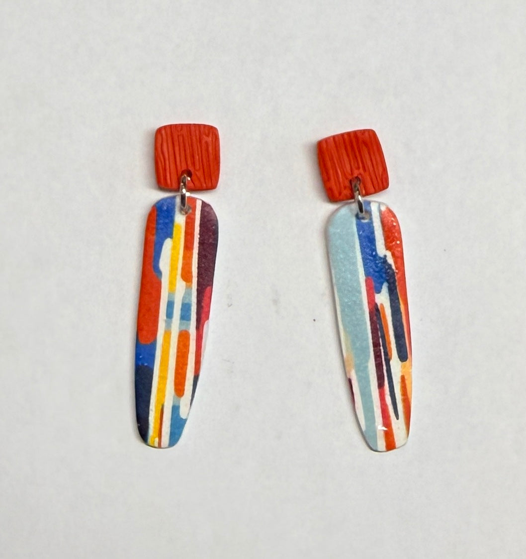 Watercolor Lines Abstract Polymer Clay Colorful Post and Drop Earrings