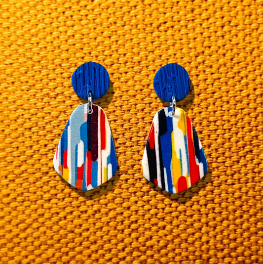 Royal Blue Textured Polymer Clay Post Earrings with Colorful Abstract Drops