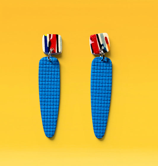 Multicolored Polymer Clay Post Earrings with Light Blue Textured Drops