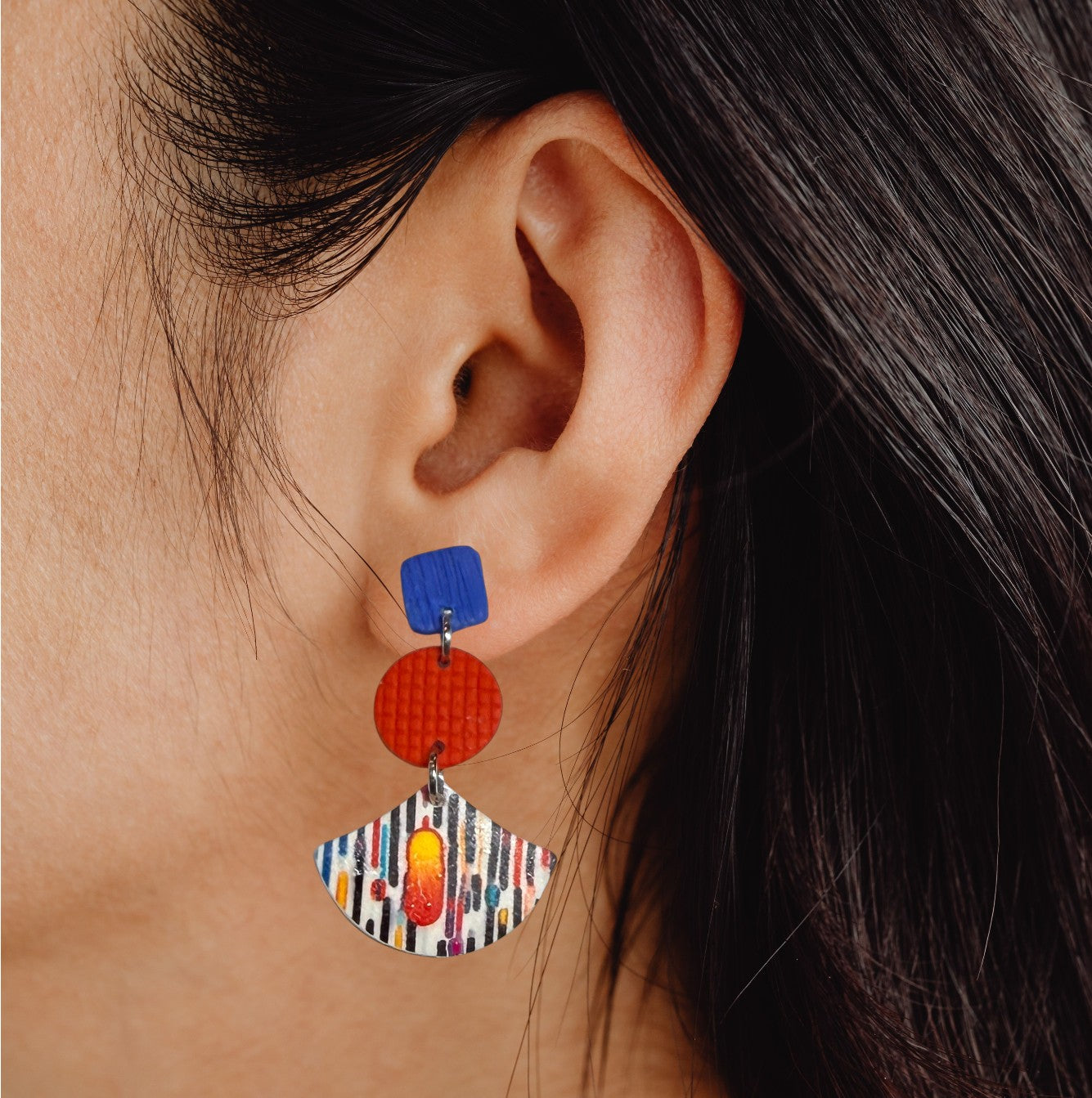 Lines and Dots Polymer Clay Colorful 3 Part Post Earrings