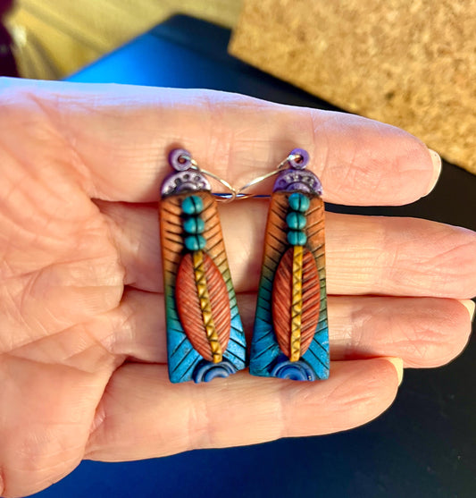 Textured Layered Polymer Clay Earrings , Rust, Turquoise, Purple, Green, Blue on Black Hypoallergenic wires,Southwest style, Boho style