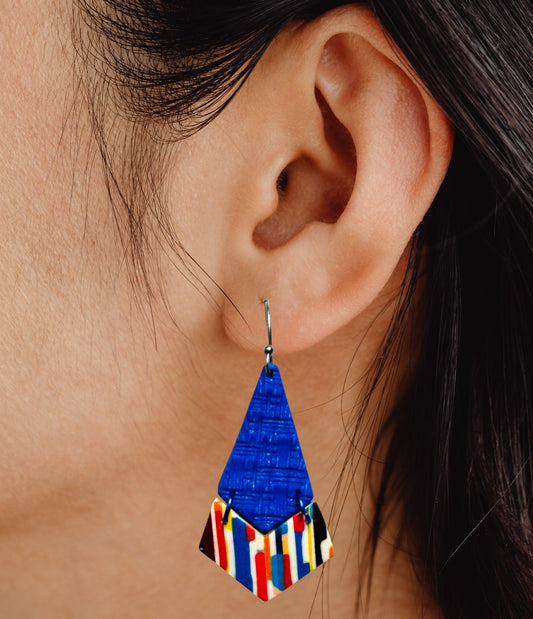 Royal Blue Abstract Pattern Two-Part Polymer Clay Wire Earrings