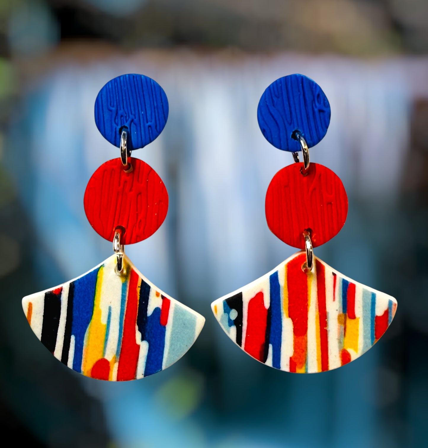 Abstract Watercolor Lines Polymer Clay Colorful 3 Part Drop Earrings