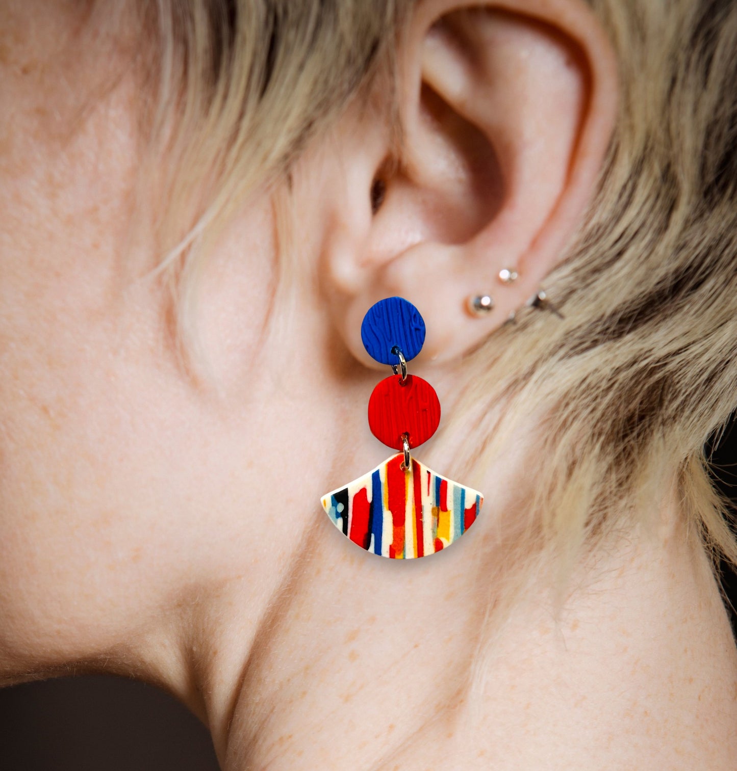 Abstract Watercolor Lines Polymer Clay Colorful 3 Part Drop Earrings
