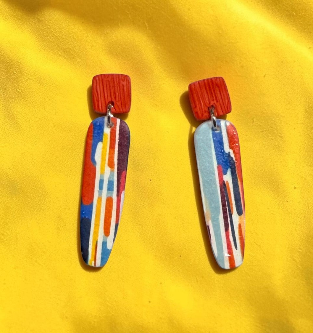 Watercolor Lines Abstract Polymer Clay Colorful Post and Drop Earrings