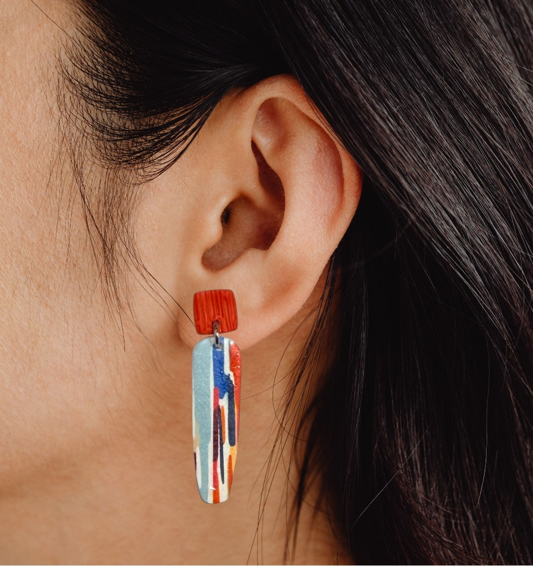 Watercolor Lines Abstract Polymer Clay Colorful Post and Drop Earrings