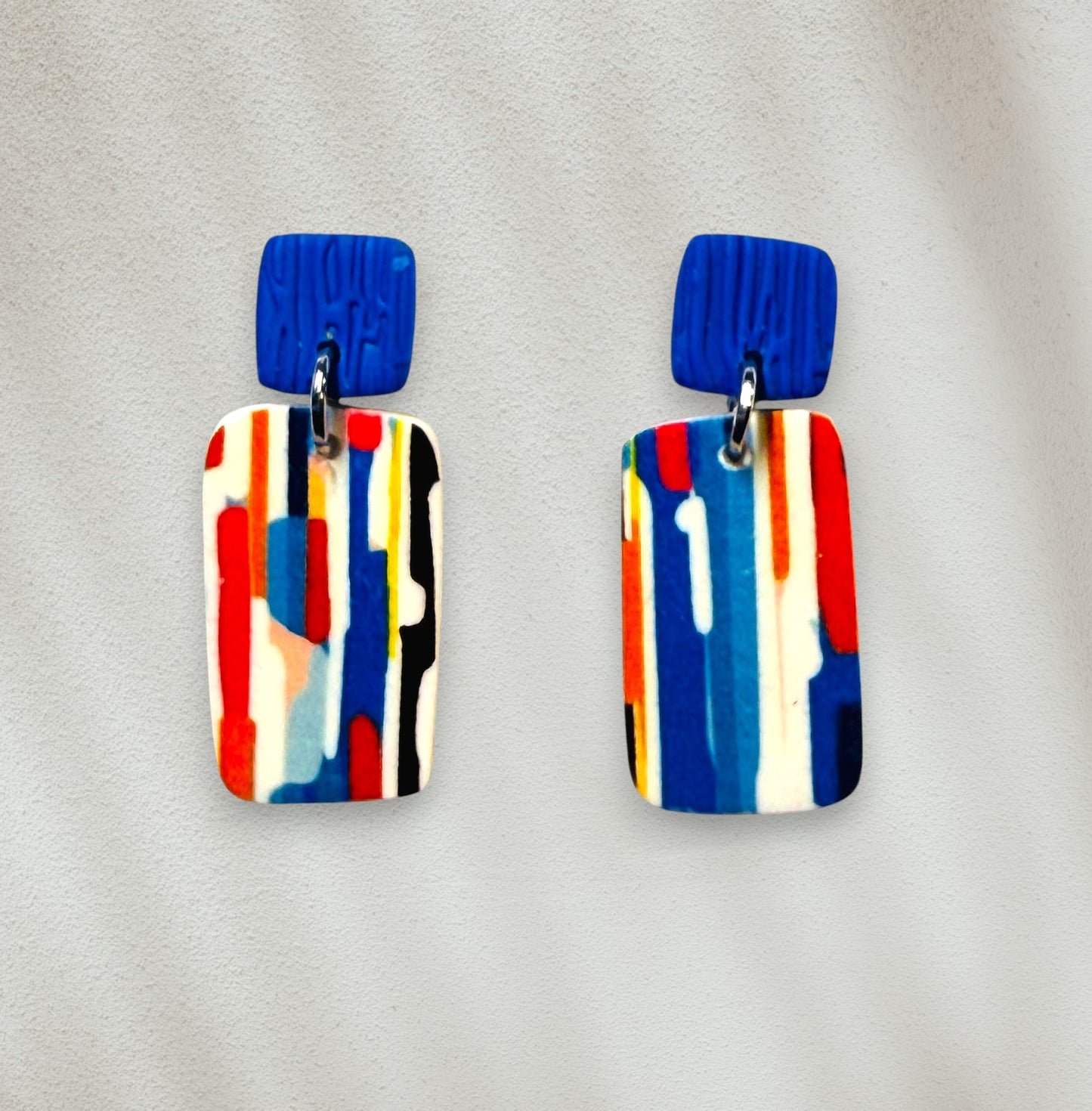Abstract Watercolor Lines Polymer Clay Colorful Post and Rectangle Drop Earrings